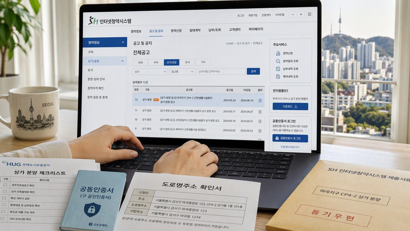 상가 분양 공고를 SH인터넷청약시스템에서 확인하고 당첨 후 서류를 제출하는 방법