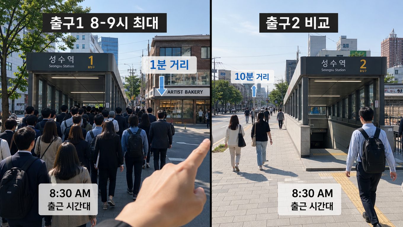 역세권 상가 출구별 유동인구 밀집 시간과 초역세권 차이